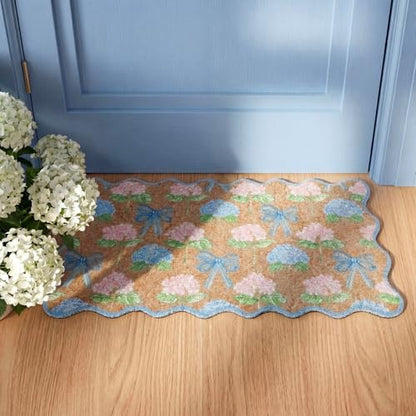 Dunzy Hydrangea Doormat Pink Blue Bow Scalloped Welcome Front Door Mat - style: Hydrangea Bow