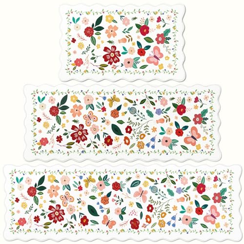 Vintage Floral Scalloped Kitchen Rugs, Set of 3, White - color: White, size: 18"x30"+18"x48"+18"x60"