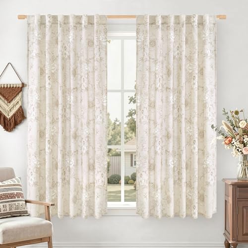 LAMIT Taupe Floral Linen Light Filtering Curtains 63 inch Length - color: Taupe on Beige, size: 52"W x 63"L (Pack of 2)