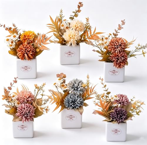 6PCS Artificial Fall Flowers with Ceramic Vases – Chrysanthemums & Daisies - color: Fall Multicolor