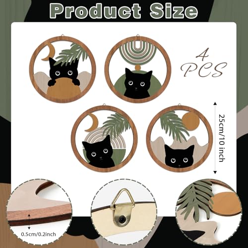 HPNIUB Abstract Mid Century Boho Black Cat Wall Decor-4 Pieces 10''x10'' Farmhouse Geometric Hanging Wooden Wall Art,Bohemian Moon and Sun Wood Sign for Nursery Bedroom Decoration, Lovely Cat Gifts - color: Cat style B