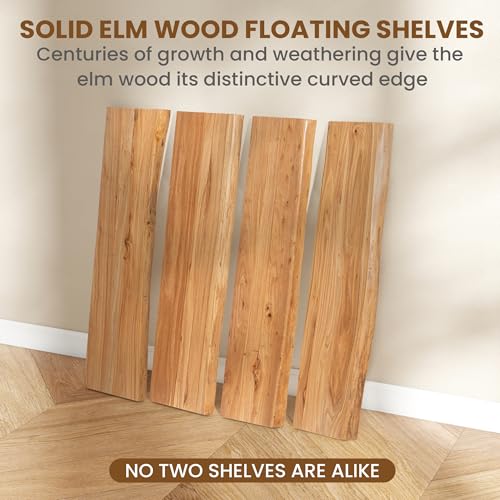 Floating Shelves for Wall, Solid Elm Wood Shelves, 20in Set of 2, Natural - color: Natural, size: Live Edge, 20inch, 2Packs
