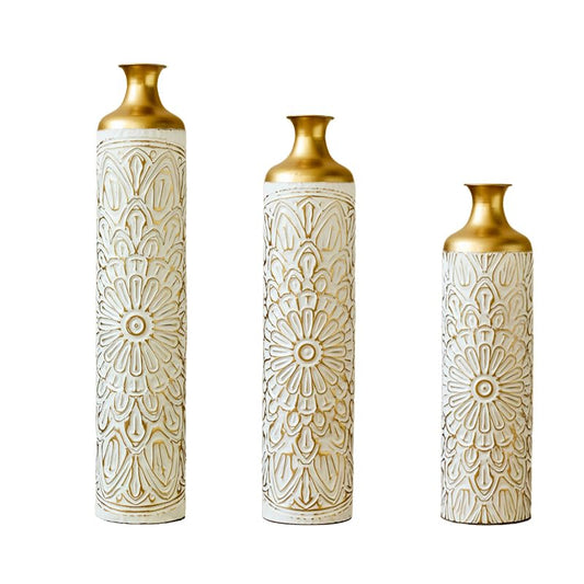 Modern White Metal Floor Vases Set of 3 – Tall Droplet-Shaped Decorative Vases for Home, Large Glazed Metal Vases for Living Room, Entryway, Wedding, Event or Floral Arrangement Décor - color: Flower
