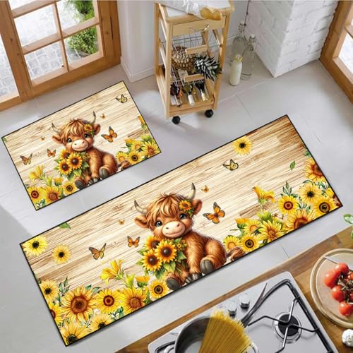 Farmhouse Highland Cow Kitchen Decor Mats Set of 2,Sunflower Farmhouse Runner Rugs for Kitchen Floor, Decorative Absorbent and Washable Non Slip Door Mat 17"x47"+17"x30" - color: Sunflower Highland Cow