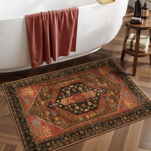 Ciicool 2x3ft Small Area Rug,Washable Boho Thin Mat for Entryway Kitchen - color: Red/Gold, size: 2' X 3' (Rectangular)