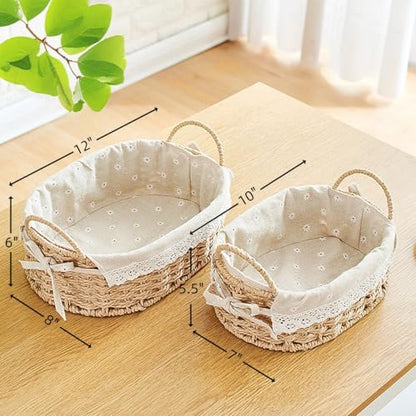 GIB Small Wicker Woven Storage Baskets for Organizing with Handle and Liner - color: Beige-Oval