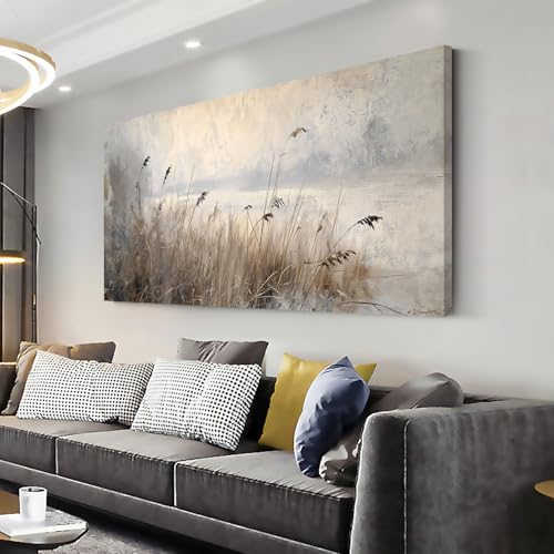 LASMOND Vintage Meadow Wall Art for Living Room Reed Grass Canvas Painting Prints Large Retro Rustic Cottagecore Countryside Landscape Farmhouse Bedroom Artwork Home Decor (58x28 Inches) - color: Vintage Meadow Wall Art (S069), size: 58"L x 28"W