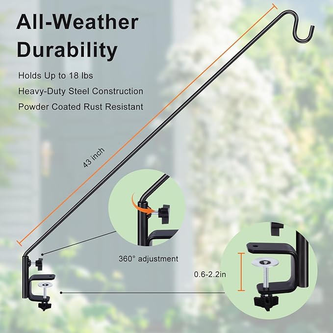 MIXXIDEA Deck Hook Outdoor Hanging Brackets：43 Inches Wall Mounted Hook Plants & Wind Chimes Risk-Free Lanterns Large Wind Chimes Lanterns - size: 43"Deck hook with 1 pack wall-mounted part
