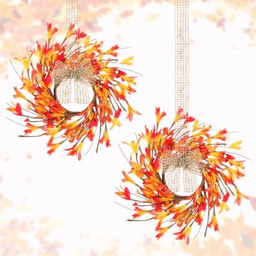 2PCS 9" Mini Fall Wreaths for Kitchen Cabinets Fall Wreaths for Front Door with Gradient Red Orange Yellow Florals & Mixed Berries with Ribbon for Farmhouse Home Wall Window Festival Wedding Decor - size: Small Fall Wreath