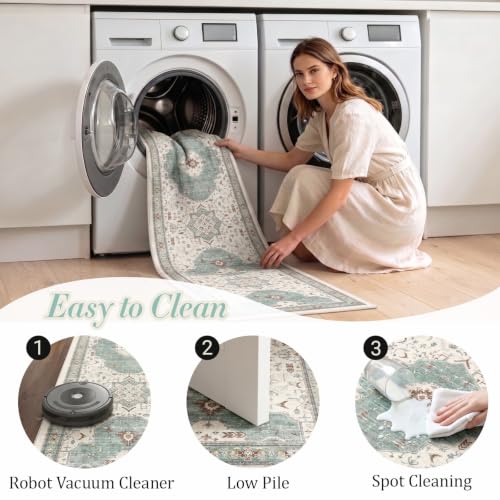 Boho Kitchen Rug Set of 3, Non-Slip Washable Water Green Kitchen Mat - color: Water Green, size: 20"x32"+20"x48"+20"x59"