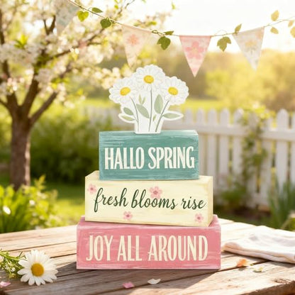 Spring Decoration Wooden Tiered Tray Decor – Rustic Hallo Spring Stacked Block Sign with Daisy Flower Topper – Farmhouse Tabletop Spring Decor for Living Room Shelf Kitchen Coffee Bar Seasonal Home Display - style: Hallo Spring
