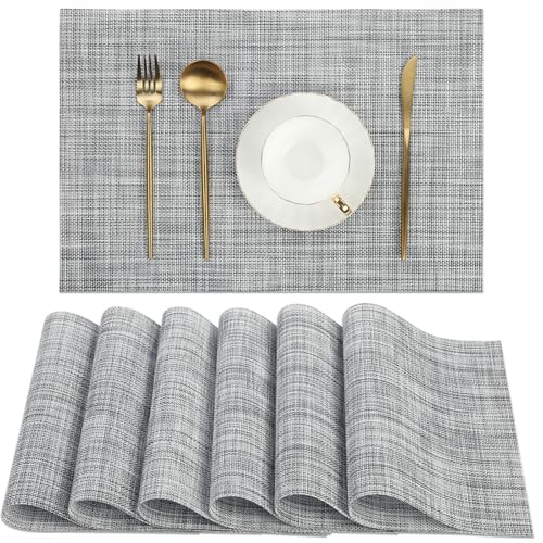 SHACOS Woven Vinyl Placemats Set of 6 Wipe Clean Table Placemats Heat Resistant Wipeable Non Slip Table Mats Indoor Outdoor, Gray White - color: Gray White, size: Set of 6