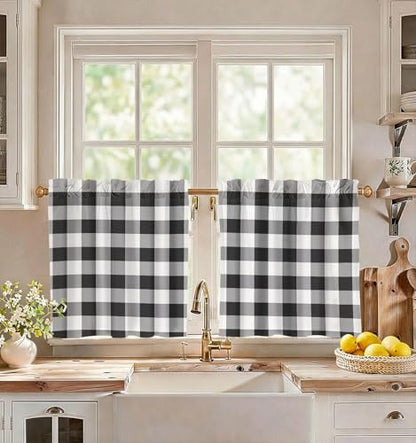 Miss Adola 24 Inch Length Kitchen Tier Curtains, Black Plaid - color: Black Plaid, size: 28"W x 24"L (Pack of 2)