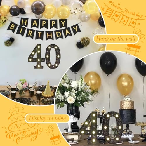 Black Glitter LED Marquee Number 40, Warm White Light Decor Sign - size: Number-40