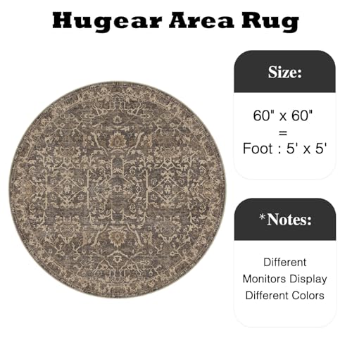 HUGEAR 5ft Brown Vintage Floral Washable Round Rug for Entryway - color: Brown & Black, size: 5' (Round)