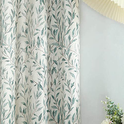 VOGOL Faux Linen Short Curtain, Blue Leaf Pattern Drapes, 42 x 45, 2 Panels - color: Blue, size: 42"W x 45"L (Pack of 2)