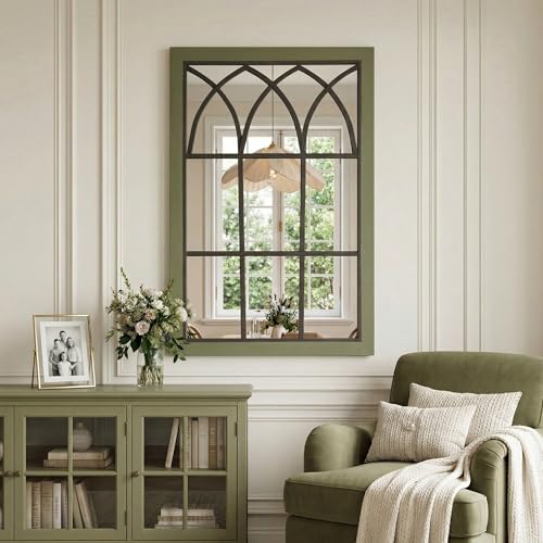Retro Green Window Mirror for Wall Decor, Wood Frame Decorative Wall Mirror - color: Green
