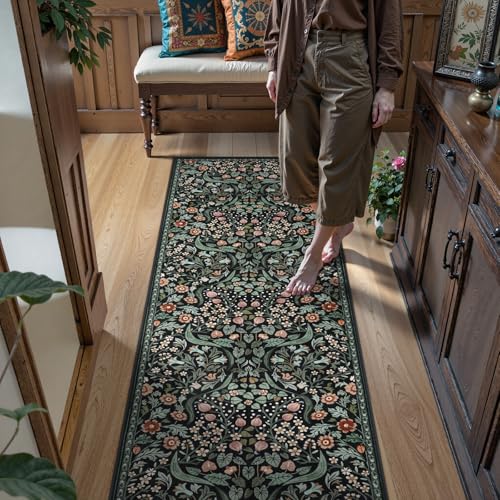 Lahome Botanical Kitchen Runner Rug, 2.6x8 Dark Floral Washable Runner Rug - color: Black, size: 2'6'' x 8'