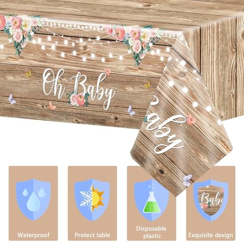 Tevxj 3 Pieces Wood Baby Shower Tablecloth Oh Baby Lace Rustic Floral Party Plastic Table Covers for Girl and Boy Floral Theme Party Decorations Supplies 54X108inch - style: Oh Baby