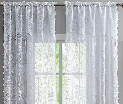 LinenZone 54 x 63 White Lace Curtains with Tassels. (Luna 54x63, White) - color: White, size: 54"W x 63"L (Pack of 2)