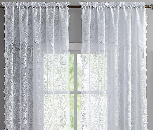 LinenZone 54 x 84 White Lace Curtains with Tassels. (Luna 54x84, White) - color: White, size: 54"W x 84"L (Pack of 2)