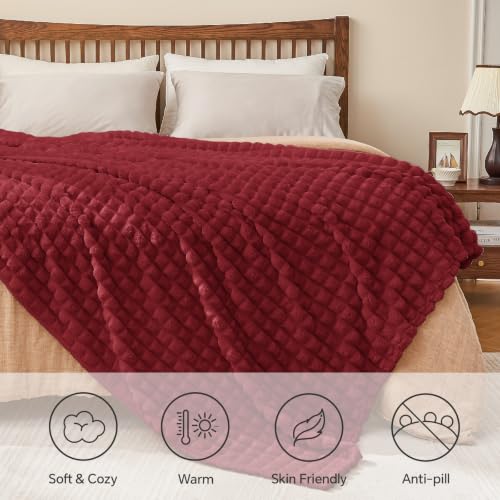 BEDELITE 3D Checked Burgundy Fleece Throw Blanket for Couch, 50x60 Inches - color: Burgundy, size: Throw(50"x60")
