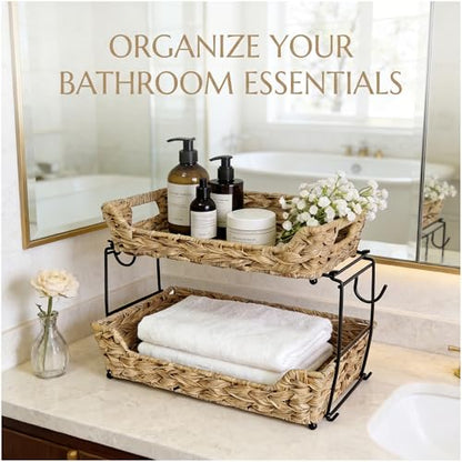 2-Tier Round Faux Rattan Wicker Storage Basket with Metal Frame, Countertop Organizer Shelf for Kitchen, Bathroom, Pantry (Corner)