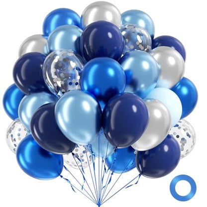 60pcs Blue and Silver Balloons 12inch with Navy Blue Confetti Balloons - color: Metallic Blue Silver