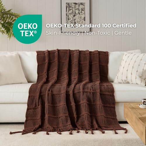 Boho Knitted Chenille Blanket with Tassels - Lightweight & Soft All-Season Throw - 3D Classic Pattern for Living Room Bedroom Couch, Copper Brown, Throw 50"x60" - color: Copper Brown, size: Throw
