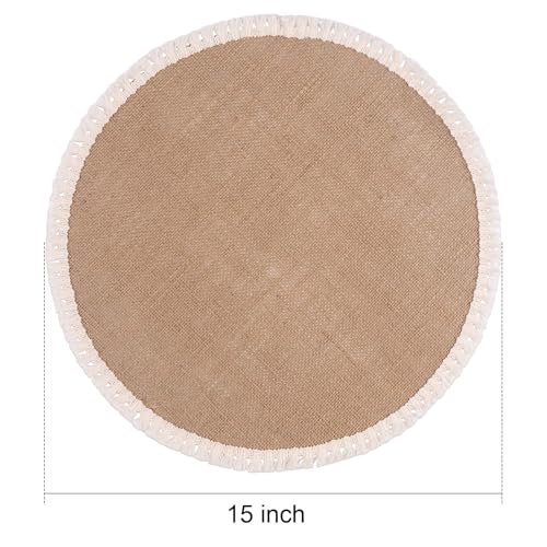 FunWheat 15 Inch Round Jute Placemats Set of 12, Braided Burlap Table Mats for Dining Table, Heat Resistant Farmhouse Woven Placemats for Fall Farmhouse Decor (Short Tassels) - color: Short Tassels, size: 12pcs