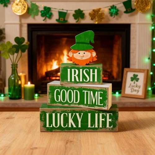 St. Patrick’s Day Decorations - St Patrick Day Irish Good Time Tiered Tray Decor Set - Wooden Leprechaun Tabletop Decoration - Rustic Farmhouse Holiday Home Decor for Indoor Shelf Mantel Coffee Table Gift - style: Irish