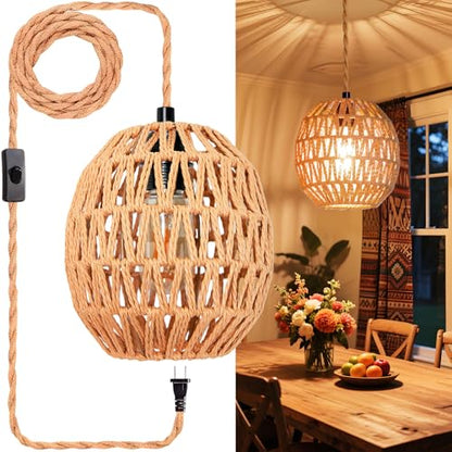 Maliralt Hanging Lamps Rattan Pendant Light Hanging Lights 16.4ft Plug in Cord Pendant Light Fixture Plug Into Wall Outlet Pendant Lighting with On Off Switch for Bedroom Living (Egg Shade) - size: 7.3Inch-Egg Shade
