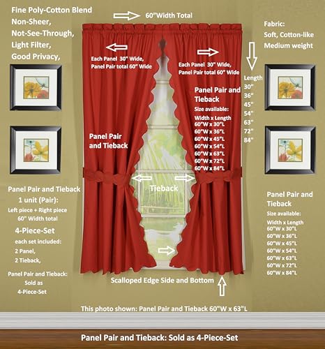 Today's Curtain, Orleans Scallop Curtain, Brick Red 45" Panel Pair and Tieback,4-Piece-Set, 60" W x 45" L, Brick Red - color: Brick Red, size: 60"W x 45"L (Pack of 1)