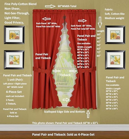 Today's Curtain, Orleans Scallop Curtain, Brick Red 45" Panel Pair and Tieback,4-Piece-Set, 60" W x 45" L, Brick Red - color: Brick Red, size: 60"W x 45"L (Pack of 1)