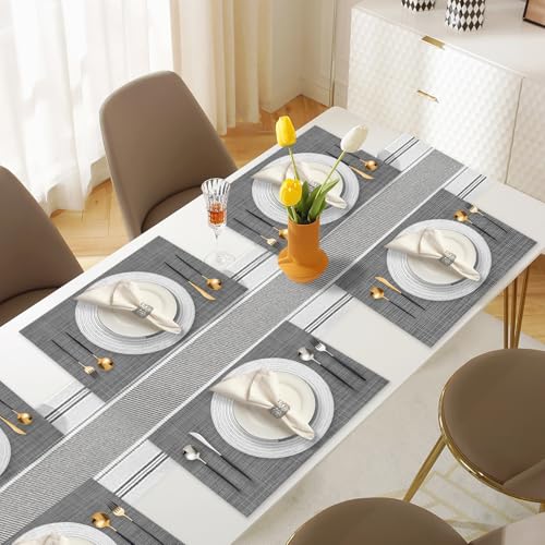 SK Studio 19Pcs Boho Table Runner Placemat and Napkin Ring Set Rectangle and Round Meal Mats Macrame Table Runner with Tassels for Wedding Kitchen Dining, Grey - size: 13.8x72 inch