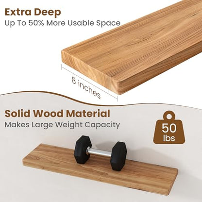 Floating Shelves for Wall, 30"Wx8"D Elm Wood Shelves, Set of 2, Natural - color: Natural, size: Round Edge, 30inch, 2Packs