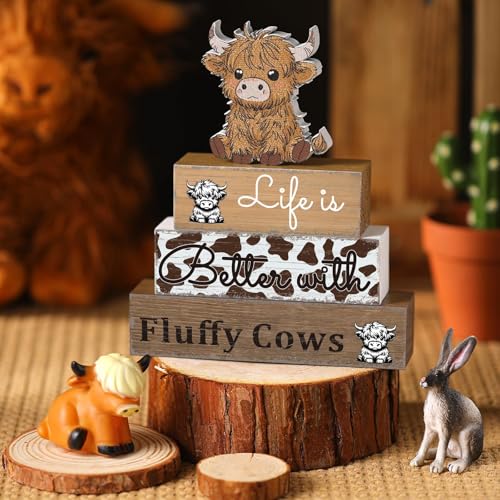 Geelin 4 Pcs Highland Cow Table Decorations Cow Wooden Tiered Tray Signs - style: Cattle