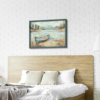 HILL WEST Farmhouse Nature Painting Lake Boat Framed Wall Art, 36x24inch - color: Boat, size: 36"L x 24"W