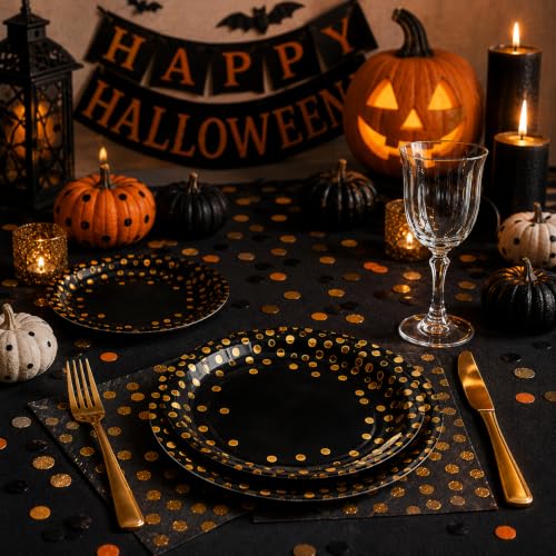 100pcs Black and Gold Plates and Napkins Halloween Party supplies - color: Black/Gold