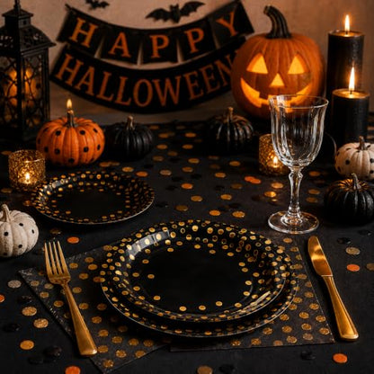 100pcs Black and Gold Plates and Napkins Halloween Party supplies - color: Black/Gold