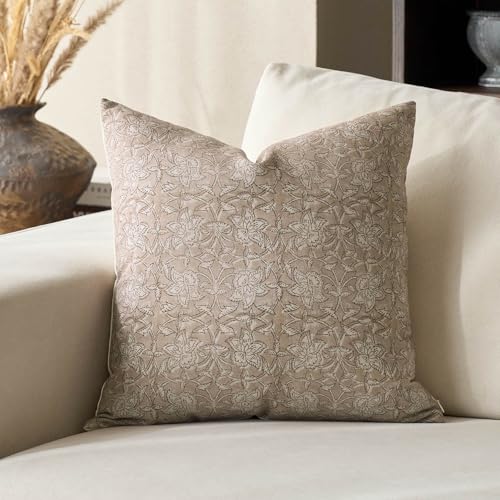 DOMVITUS Floral Pillow Covers 24x24 Throw Pillow Covers Block Print Vintage Decorative Neutral Pillow Cover for Couch Bed Living Room Light Camel 1PC - color: Light Camel, size: 24" x 24" (Pack of 1)
