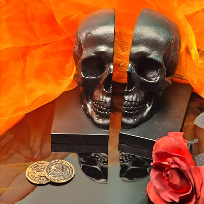 Heavy Duty Resin Skull Bookends, Gothic Shelf Desk Decor (Black)