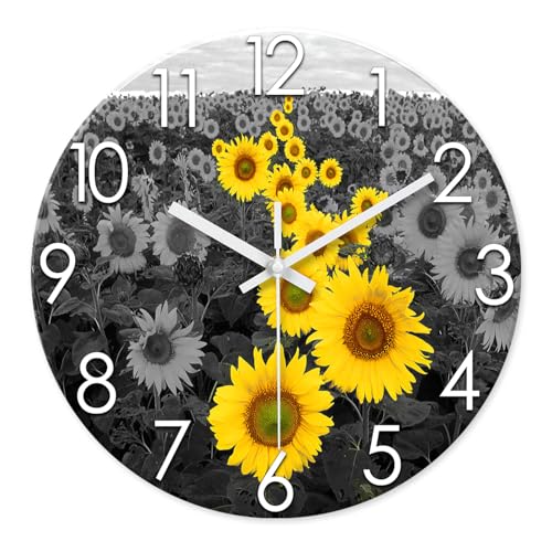 XFM Sunflower Kitchen Glass Wall Clock 14 Inch Silent - color: Yellow1, size: 14 Inch