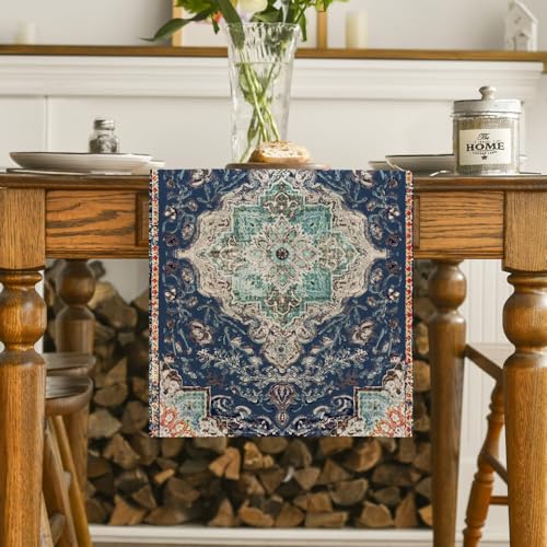 Artoid Mode Boho Bohemia Style Blue Table Runner, Country Rustic Farmhouse Magical Winter Kitchen Dining Table Decoration for Home Party Decor 13x72 Inch - color: Blue, size: 13" x 72", Table Runner