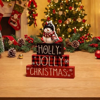 Smile 4 Pcs Wooden Christmas Block Signs, Holly Jolly Snowman Decor - style: Holly Jolly