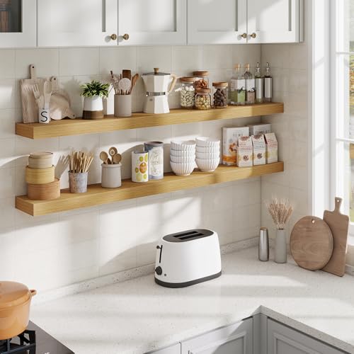 Fun Memories 55 Inch Floating Shelves Bedroom, Large Extra Floating Shelf Set of 2 with Invisible Brackets, Oak - color: Oak, size: 55"