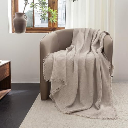 FOSSA Muslin Blanket 4-Layer 100% Cotton Gauze Blanket with Fringe 66"x90" - color: Beige Gray, size: Twin XL (66" × 90")