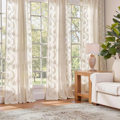 jinchan Floral Linen Curtains 84 Inch Farmhouse Back Tab 2 Panels - color: Beige, size: 50"W x 84"L (Pack of 2)