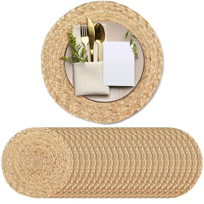 Kochorie Set of 24 Round Woven Placemats 13.5-Inch Natural Water Hyacinth Plant Placemats Hand-Woven Boho Rattan Placemat Wicker Weave Table Mats for Home Dinner Plates Holiday Supplies - size: 13.5 Inch