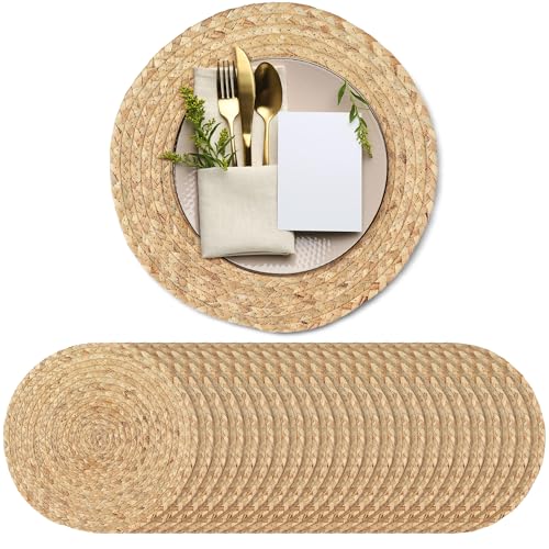 Kochorie Set of 24 Round Woven Placemats 13.5-Inch Natural Water Hyacinth Plant Placemats Hand-Woven Boho Rattan Placemat Wicker Weave Table Mats for Home Dinner Plates Holiday Supplies - size: 13.5 Inch
